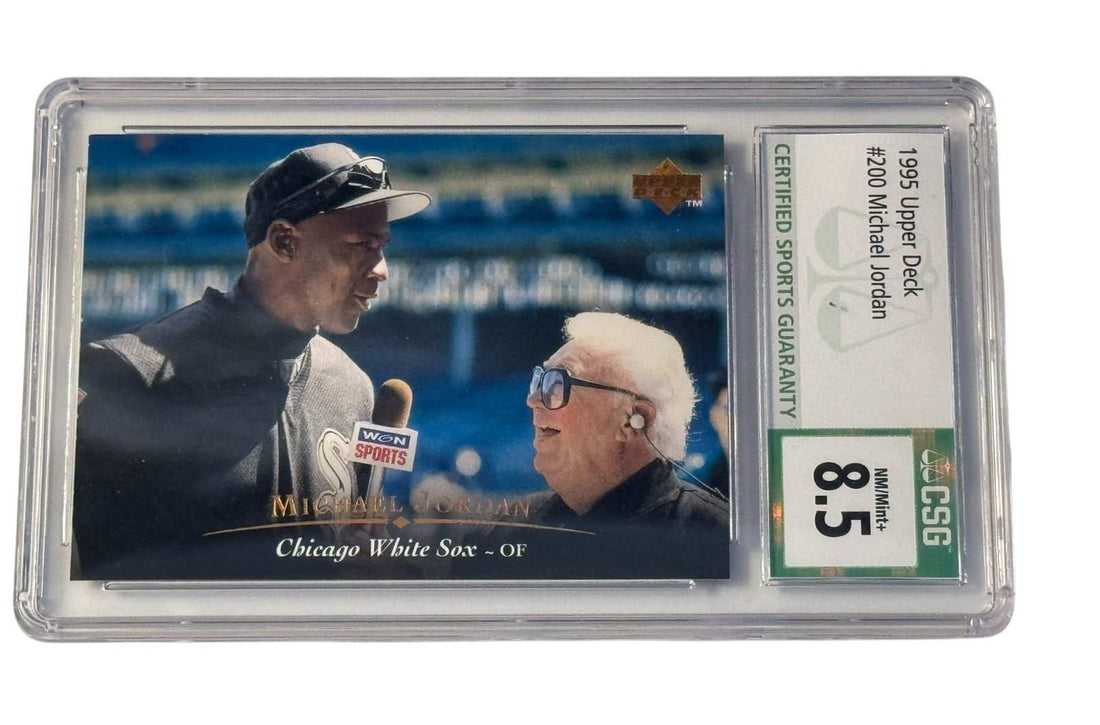 1995 Upper Deck Michael Jordan Chicago White Sox baseball card CSG 8.5 Premier slab with Harry Caray interview scene