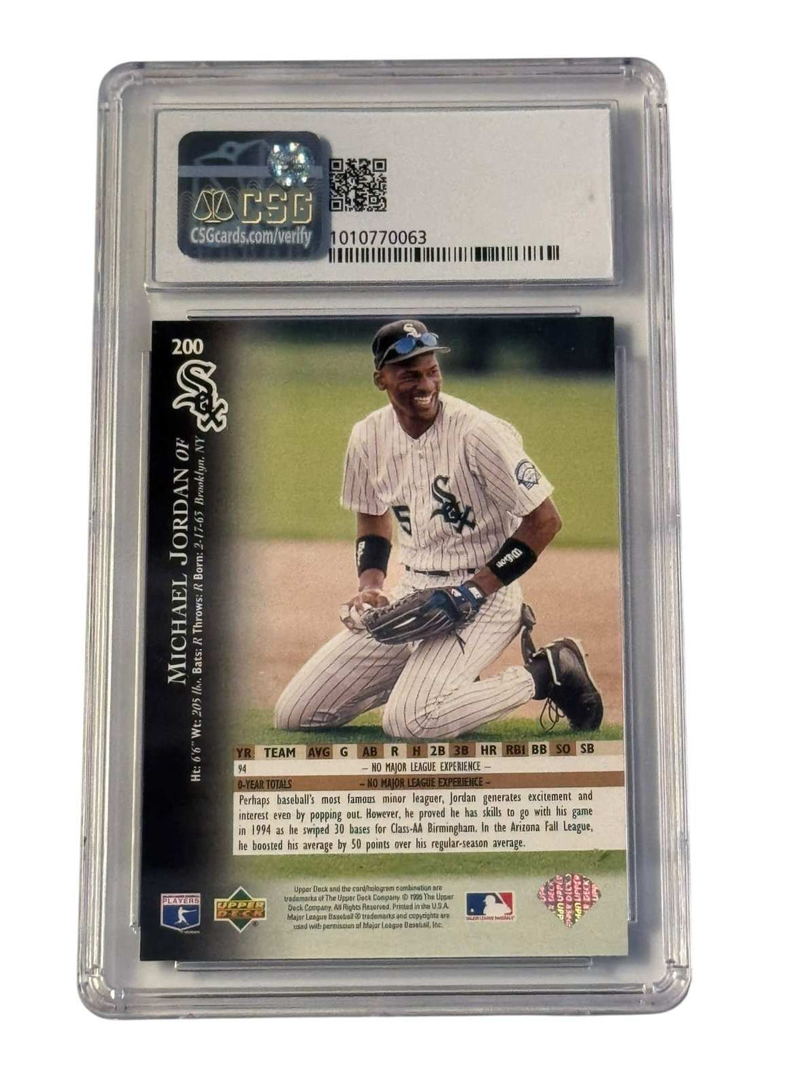 1995 Upper Deck Michael Jordan Chicago White Sox baseball card CSG 8.5 Premier slab with Harry Caray interview scene