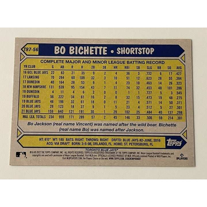 2022 Topps baseball card featuring Bo Bichette of Toronto Blue Jays with 1987 throwback design