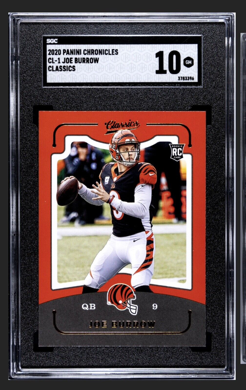 Joe Burrow RC 2020 Panini Chronicles Classics graded 10 Bengals rookie card with QB action pose