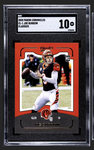 Joe Burrow RC 2020 Panini Chronicles Classics graded 10 Bengals rookie card with QB action pose