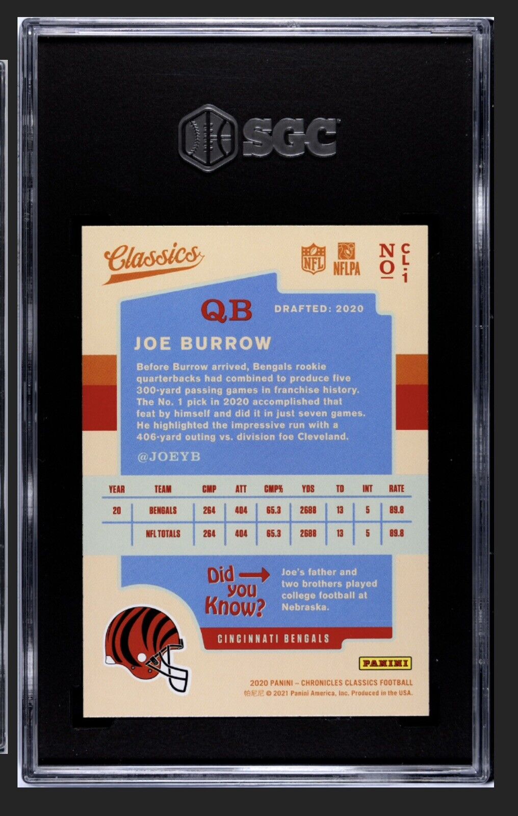Joe Burrow RC 2020 Panini Chronicles Classics Bengals rookie trading card back view with stats and Cincinnati Bengals helmet logo