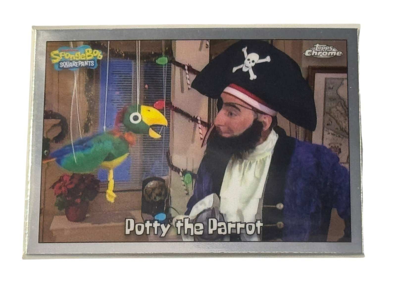 Topps Chrome SpongeBob 25th Anniversary Potty the Parrot #5 trading card with live-action Patchy the Pirate image