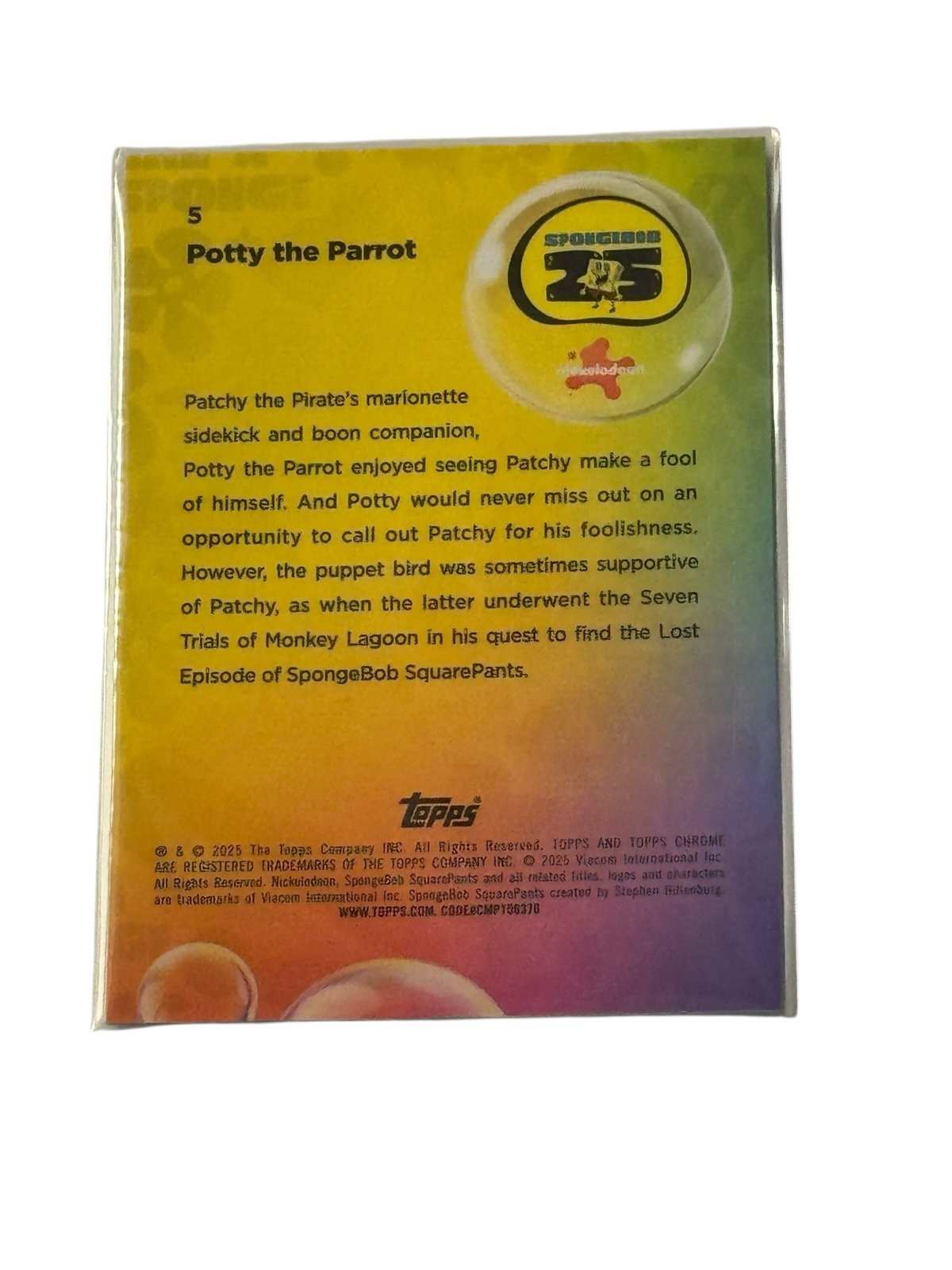 Topps Chrome SpongeBob 25th Anniversary Potty the Parrot #5 trading card back with character text