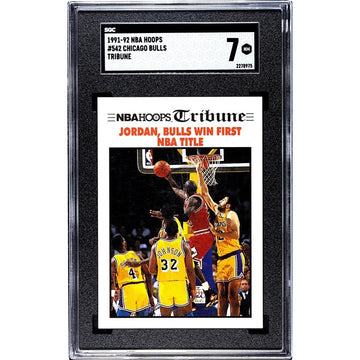 Michael Jordan 1991-92 NBA Hoops #542 Chicago Bulls first NBA title trading card in protective case