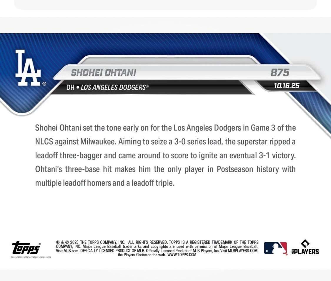Shohei Ohtani 2025 Topps Now NLCS Card 875 featuring Dodgers leadoff triple and postseason highlights