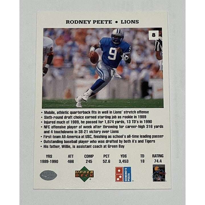 Rodney Pete 1991 The Quarterbacks Challenge Rodney Pete 1991 The Quarterbacks Challenge Dominoes Card 8 NFL Lions Vintage