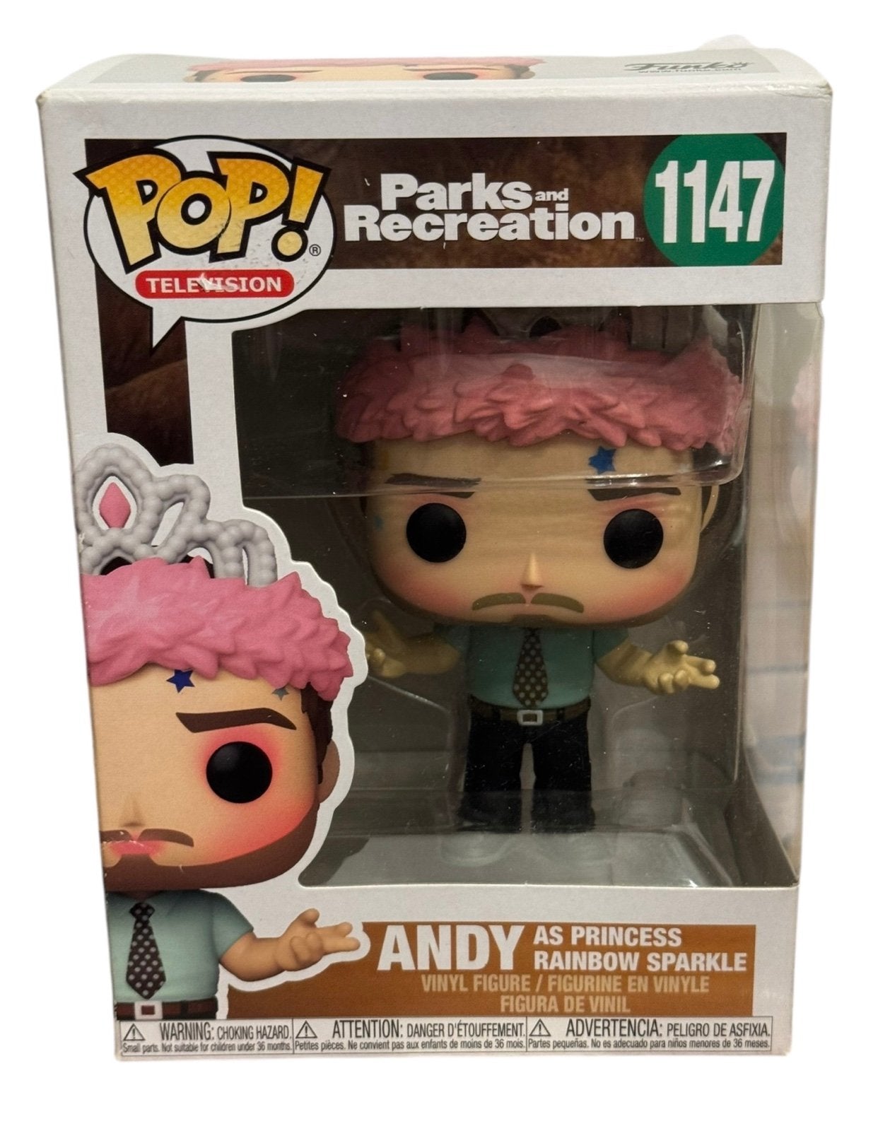 Funko Pop Television Parks and Recreation Andy as Princess Rainbow Sparkle vinyl figure in box