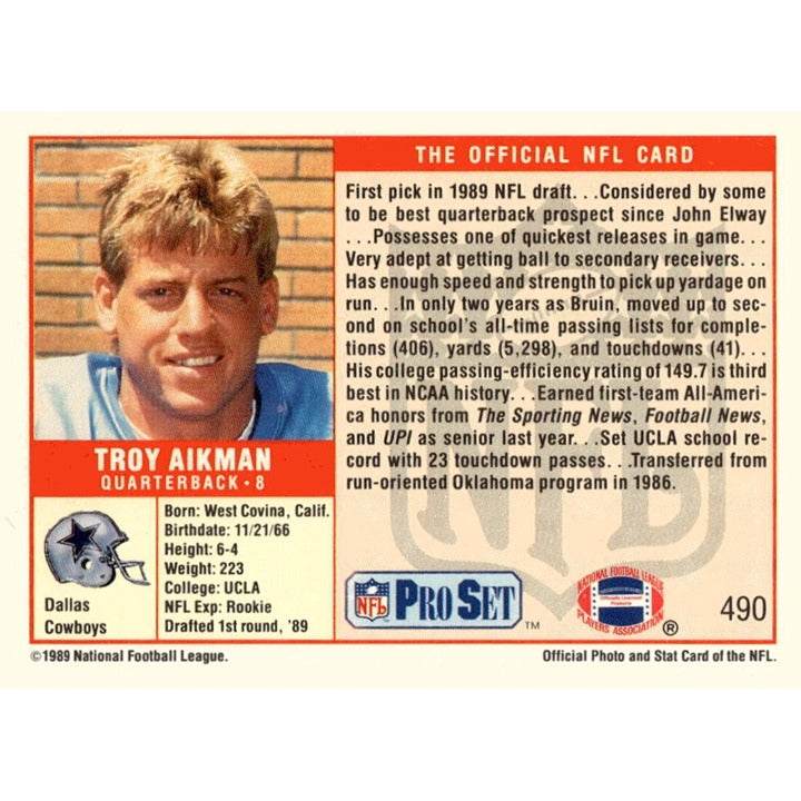 1989 Pro Set Troy Aikman rookie card UCLA Bruins Dallas Cowboys NFL football card