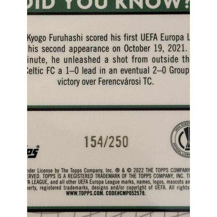 Kyogo Furuhashi RC 2021-22 Topps Merlin Refractor Chrome UCL soccer trading card with yellow wave design and Celtic FC uniform