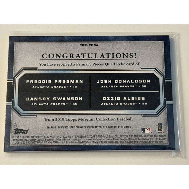 2019 MLB Museum Collection game-used bat and jersey relic card featuring Freeman, Albies, Swanson, and JD numbered 18/25