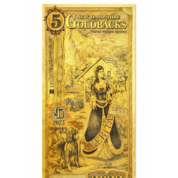 2023 New Hampshire Goldback $5 24K gold note with Veritas design and 1/200 troy ounce gold content