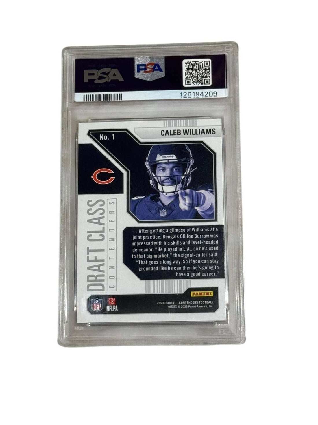 Caleb Williams 2024 Contenders Draft Class Rookie Card PSA 9 Mint Chicago Bears football trading card