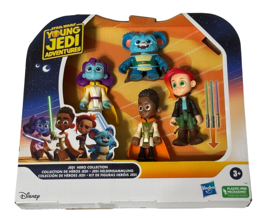 Star Wars Young Jedi Adventures Jedi Hero Collection 4 Figure Set by Hasbro with Lys Solay, Kai Brightstar, Nash Durango, Nubs, and three lightsabers in plastic-free packaging