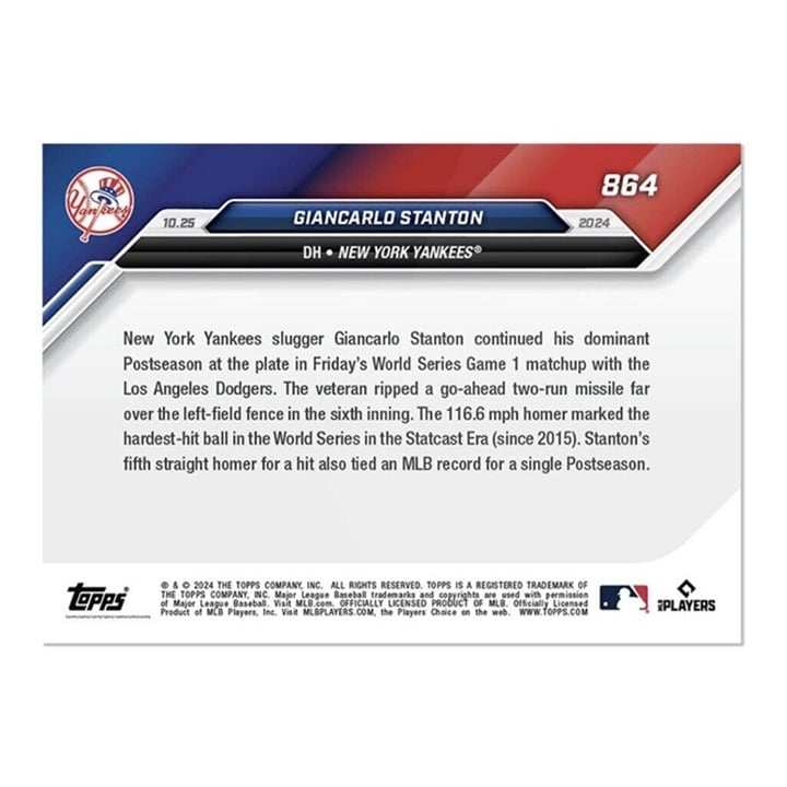 Giancarlo Stanton 2024 Topps Now trading card hardest hit ball Statcast Era limited edition Yankees