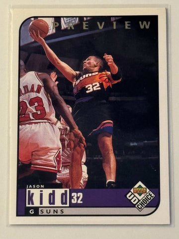 Jason Kidd 1998 Upper Deck Choice Preview NBA Suns basketball card with Kidd driving against Jordan