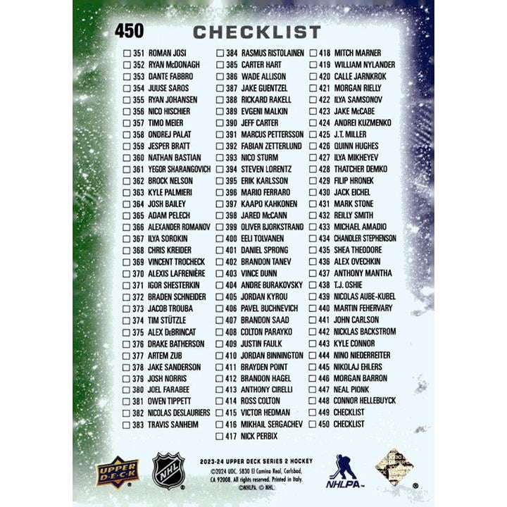 2023-24 Upper Deck Series 2 NHL hockey players checklist trading card 450 with Wyatt Johnston and Andrei Kuzmenko