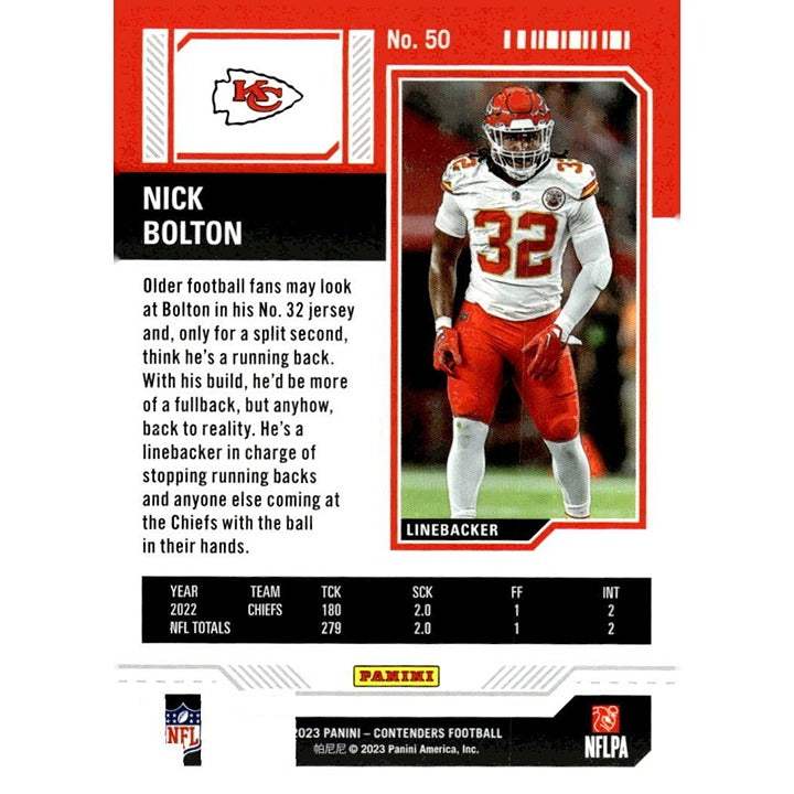 2023 Panini Contenders Nick Bolton Kansas City Chiefs NFL Season Ticket Football Card #50