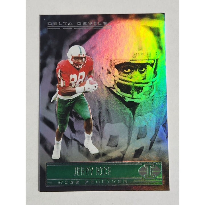 2022 Panini Chronicles Illusions Jerry Rice Draft Picks Parallel football card in pink color