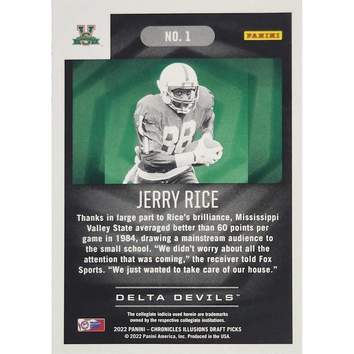 2022 Panini Chronicles Illusions Draft Picks Parallel Jerry Rice football card showing Rice in Devils/49ers uniforms, card #1 Pink Illusions edition