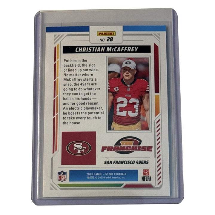 2025 NFL SCORE Christian McCaffrey #28 San Francisco 49ers football card near mint condition
