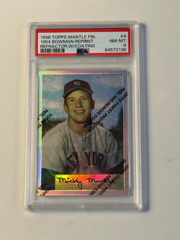 1996 MLB Topps Mantle Finest #4 1954 Bowman REPRINT Refractor w/ Coating, PSA 8!