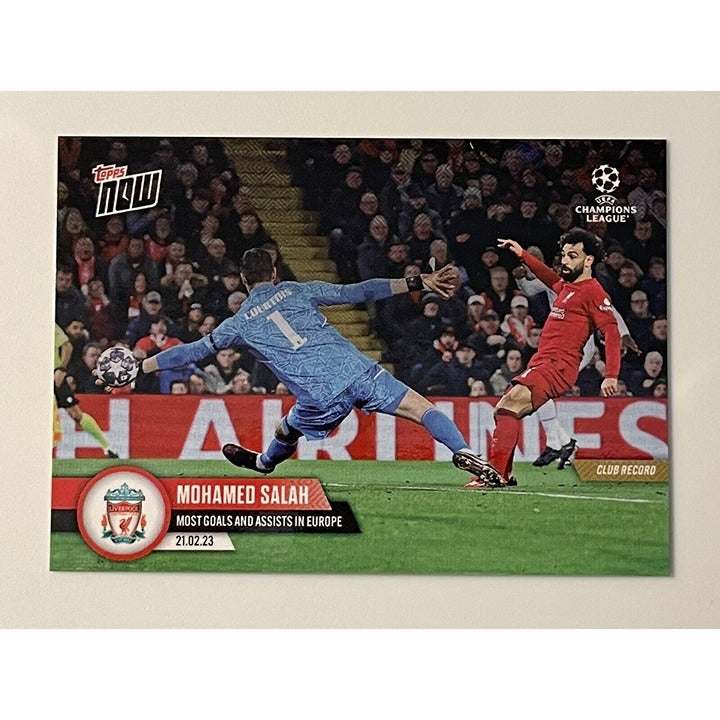 2023 Topps NOW Champions League soccer card featuring Mohamed Salah Liverpool club record for most goals and assists in Europe