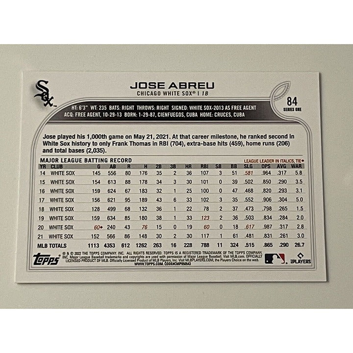 Jose Abreu 2022 Topps Chicago White Sox baseball card back showing stats and player info