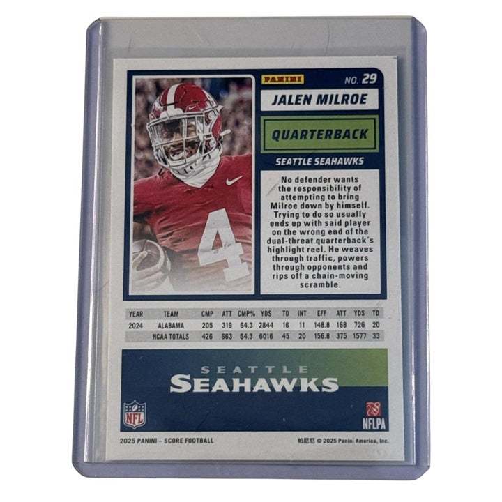 2025 Score Football Card #29 Jalen Milroe RC Seattle Seahawks near mint condition
