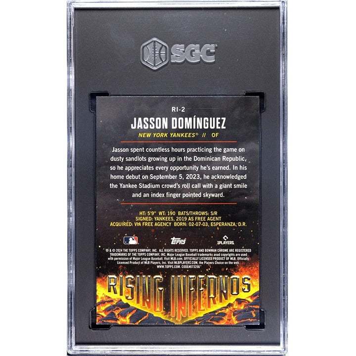 2024 Bowman Rising Infernos Jasson Dominguez RC MLB NY Yankees card graded SGC 10 in protective case
