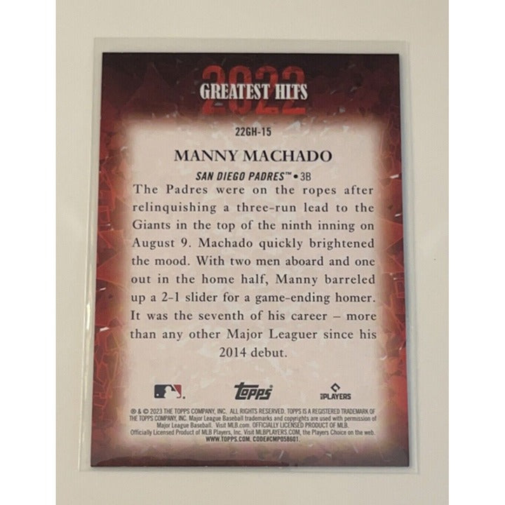 2023 Topps Series 1 Manny Machado Greatest Hits San Diego Padres baseball card back view