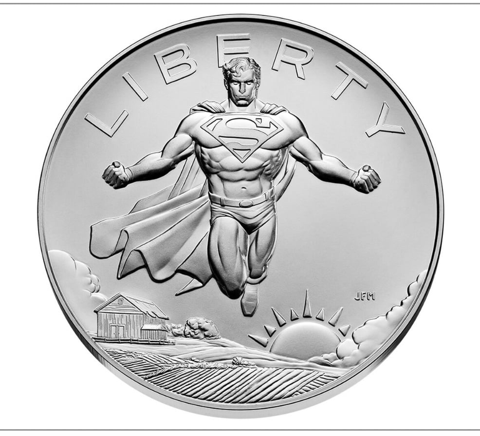 LIMITED EDITION SUPERMAN silver coin featuring flying Superman with sunrise and farmhouse background