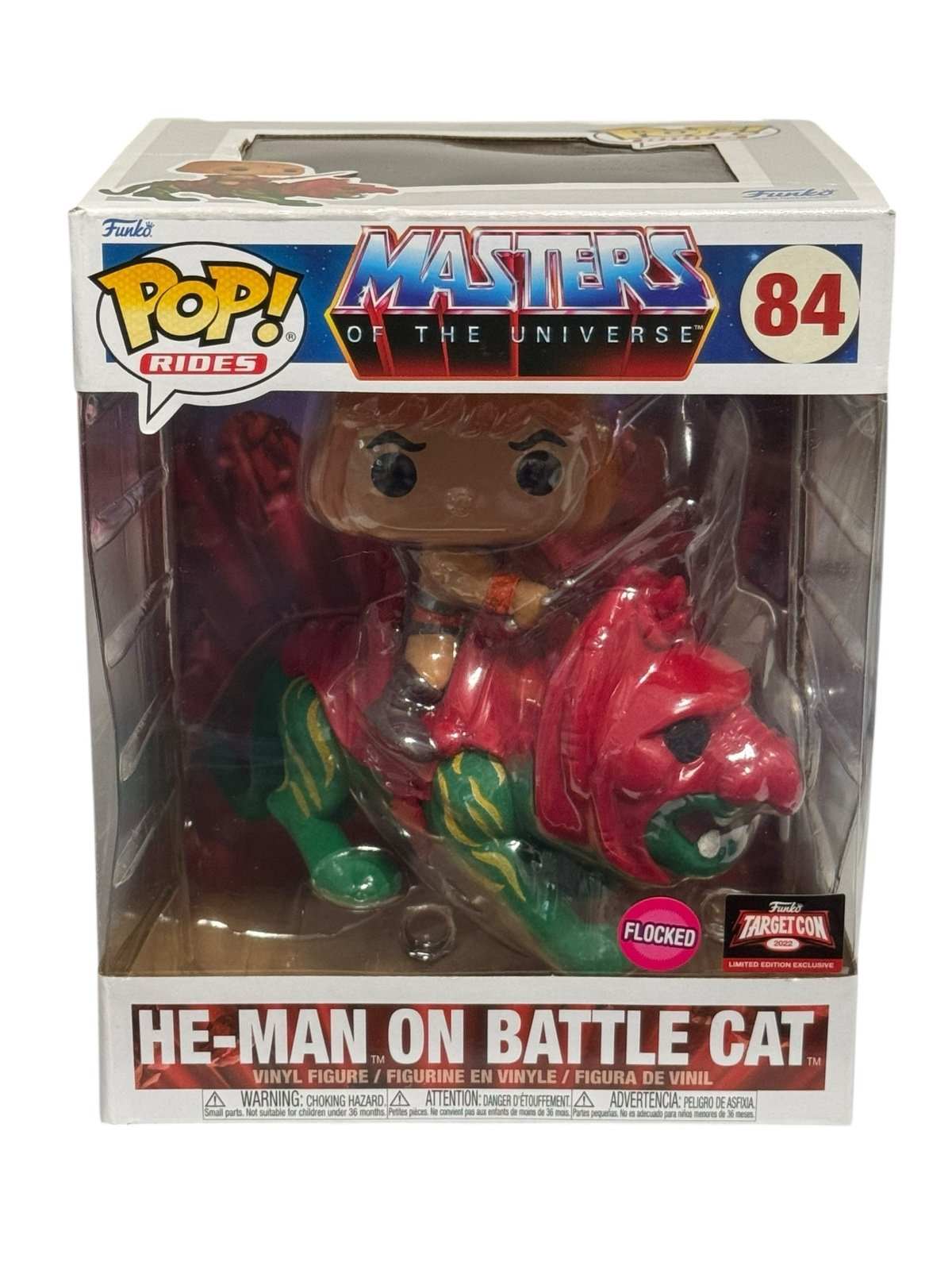 Funko Pop Rides He Man on Battle Cat #84 Flocked Target Con Exclusive collectible figure in packaging