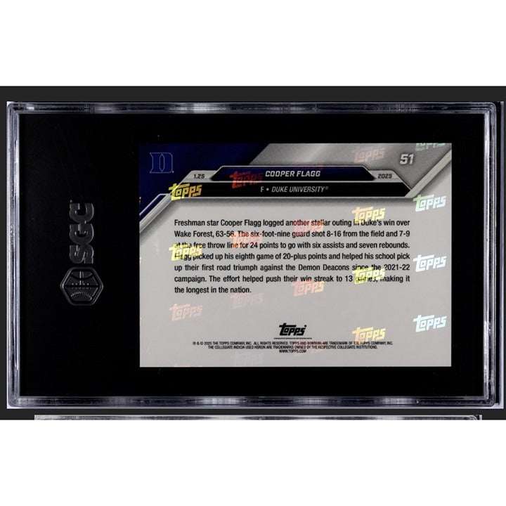 Cooper Flagg RC 2024-25 Bowman U Now basketball card graded SGC 9.5 showcasing Duke player and 13-game win streak