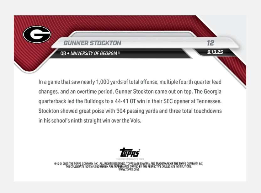 Gunner Stockton RC Topps Now Bowman U football card celebrating SEC overtime win