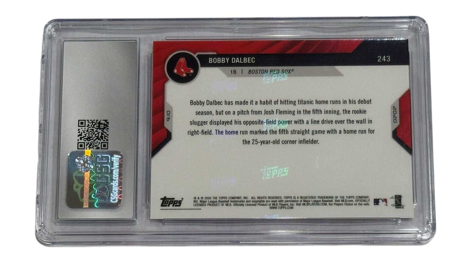 Bobby Dalbec RC 2020 Topps Now #243 CSG 10 Gem Mint collectible baseball card Red Sox rookie slugger
