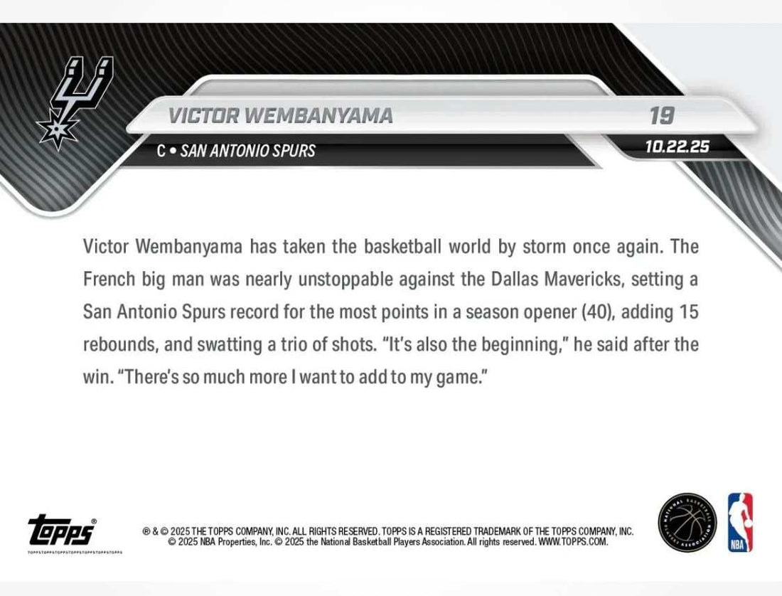 Limited Edition 2025 Topps Now NBA Victor Wembanyama #19 basketball card
