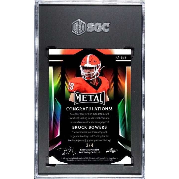 Brock Bowers RC Auto 3/4 2023 Leaf Metal Blue Kaleidoscope graded 9.5 football trading card with autograph