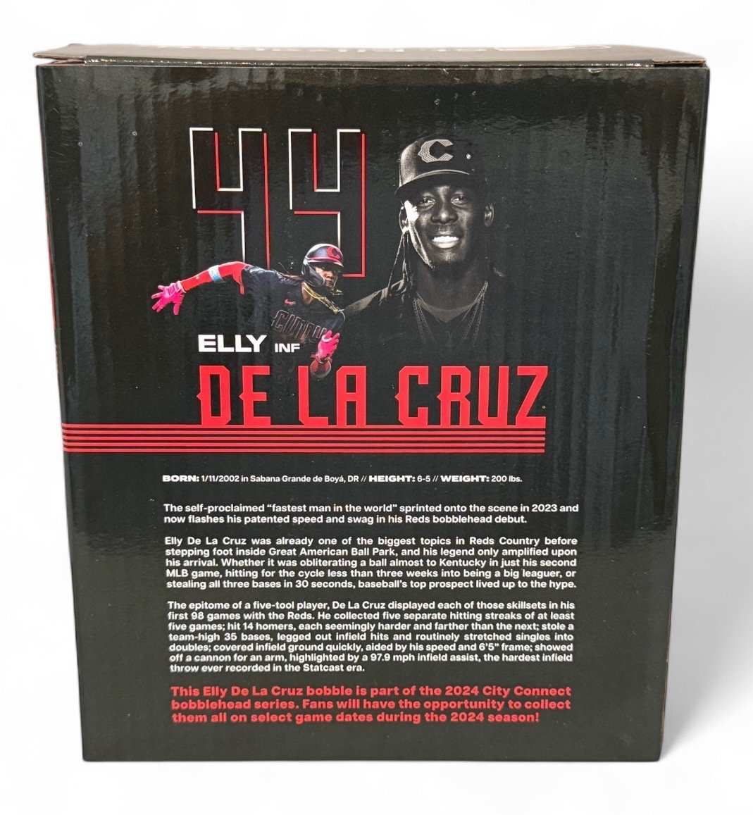 Elly De La Cruz 2024 City Connect Bobblehead Cincinnati Reds sealed box packaging with player stats and images
