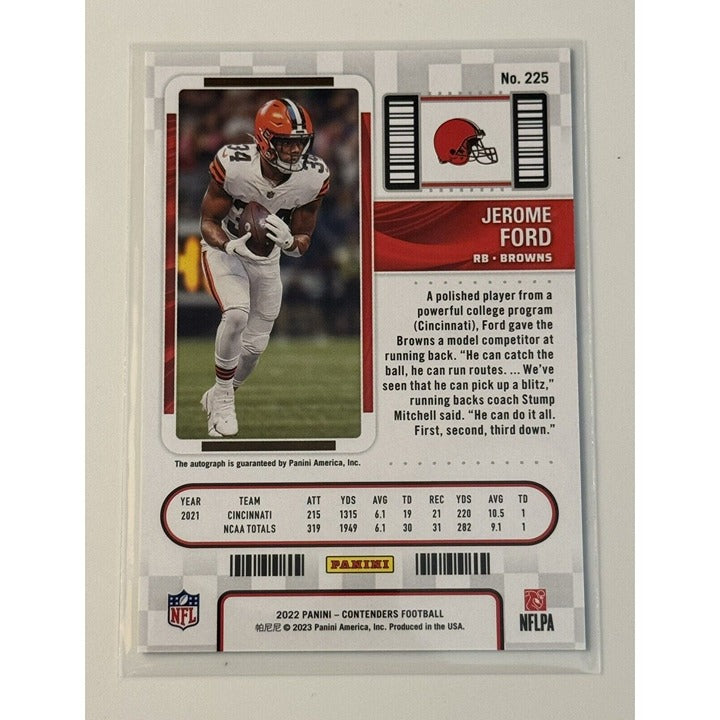2022 Jerome Ford RC Auto Cleveland Browns Panini Contenders Rookie Ticket football card with autograph