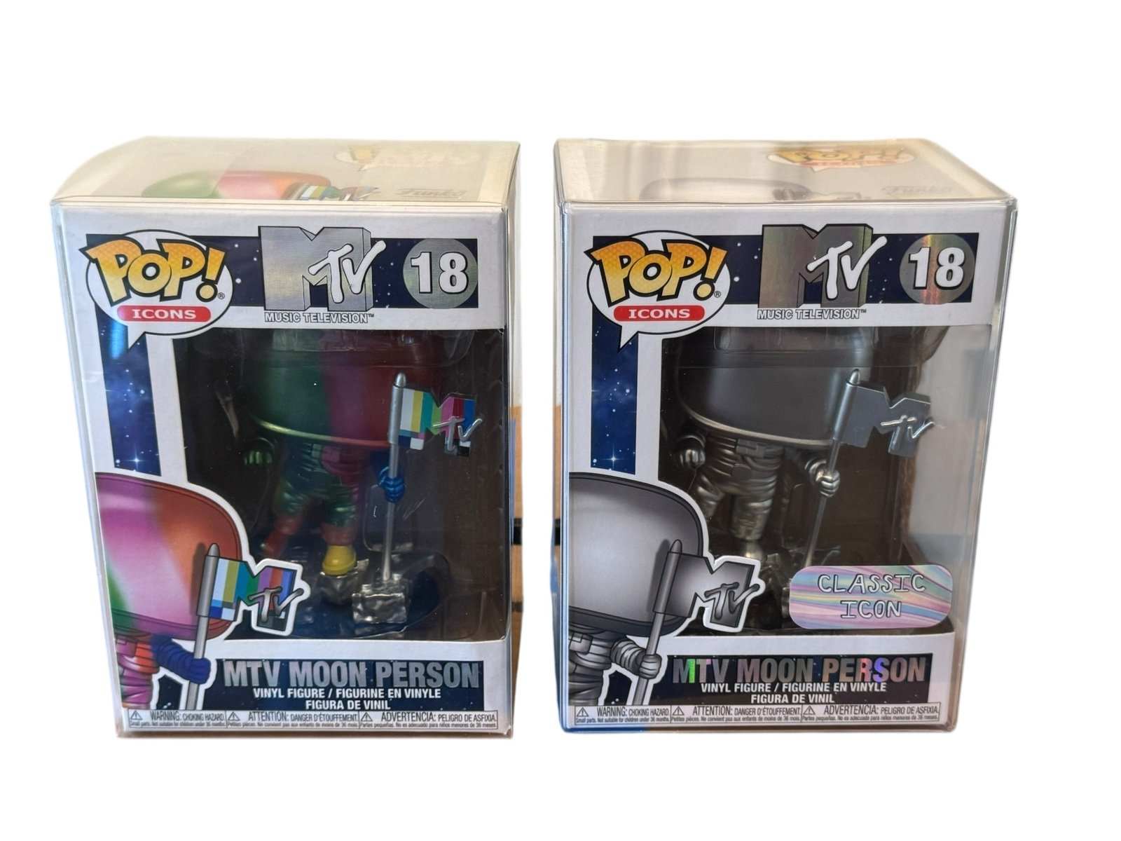 Funko Pop Icons MTV Moon Person #18 Classic and Rainbow variant bundle in protective cases