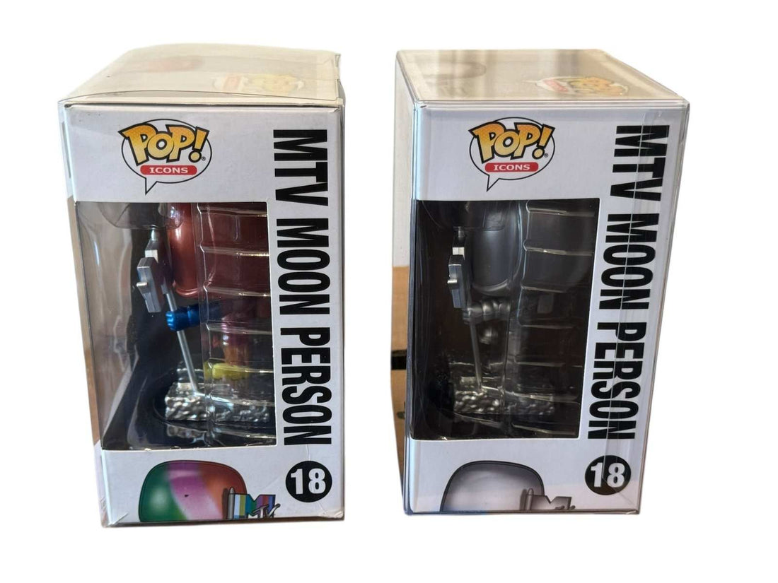 Funko Pop Icons MTV Moon Person #18 Classic and Rainbow variant bundle in protective cases