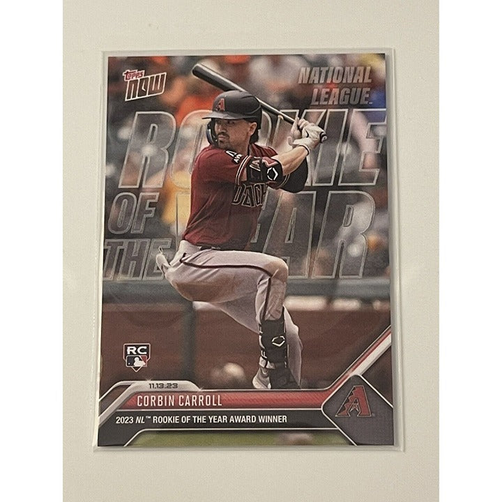 2023 Corbin Carroll MLB Topps Now Rookie of the Year trading card with Arizona Diamondbacks theme