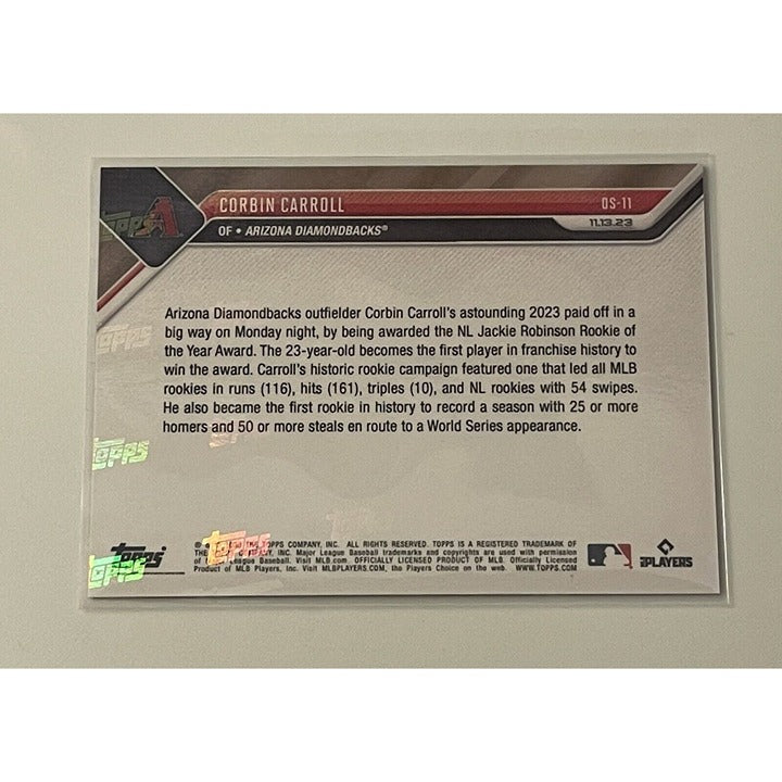 Corbin Carroll 2023 Topps Now MLB Rookie of the Year aluminum trading card back with player stats and team logos