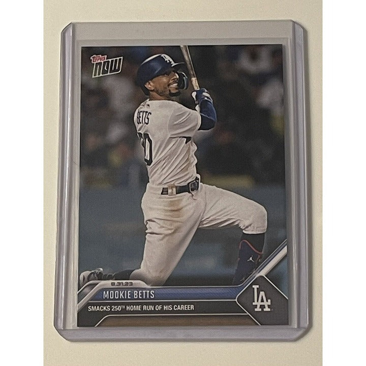 Mookie Betts 2023 Topps Now card hitting 250th MLB home run for Dodgers in protective sleeve