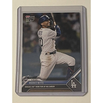 Mookie Betts 2023 Topps Now card hitting 250th MLB home run for Dodgers in protective sleeve