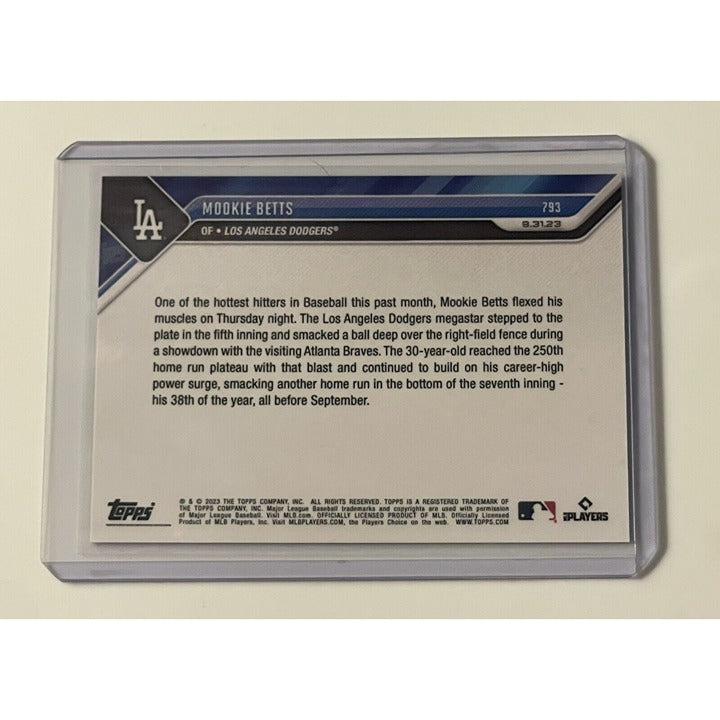 Mookie Betts 2023 MLB Topps Now trading card hitting 250th home run for Dodgers in protective sleeve