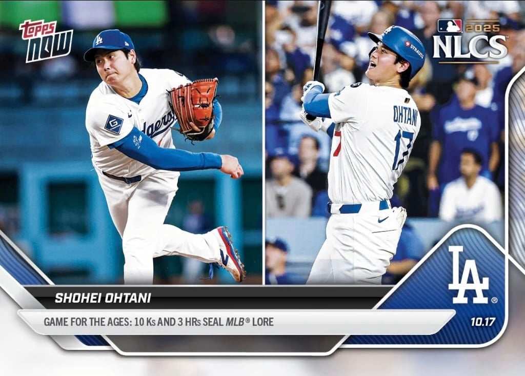 2025 Topps Now Shohei Ohtani NLCS card showing pitching and batting moments from historic Dodgers game