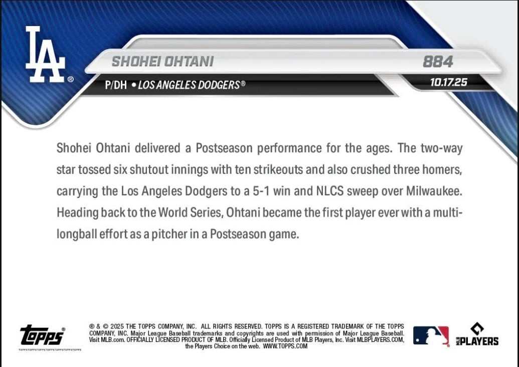 2025 Topps Now Shohei Ohtani NLCS Dodgers card showing historic 10 strikeouts and 3 home runs performance