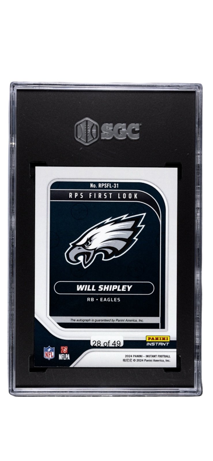 28/49* Will Shipley RC* Auto 2024 Panini Instant - RPSFL‑31 NFL Eagles - SGC 8.5